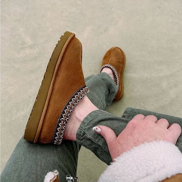 UGG Brown Cozy Suede Slippers with Knitted Trim - Picture 8 of 12